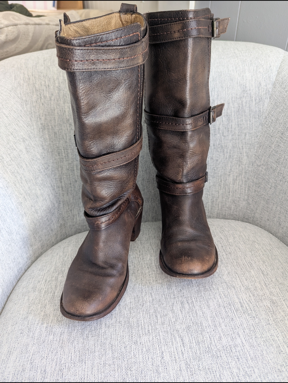 Frye Distressed Brown Leather Mid-Calf Buckle Heeled Boots - Picture 3 of 9